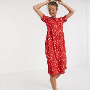 ASOS WEDNESDAY’S GIRL CURVE MIDI SMOCK DRESS IN DITSY FLORAL RED DRESS